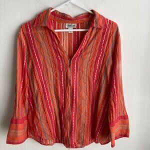 Coldwater Creek Woman's Top Sz PXL Orange White Stripes Zip Up Collar Lg Sleeves